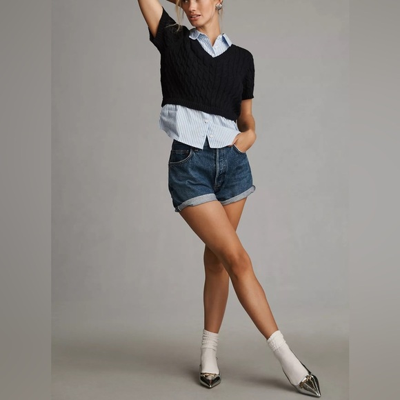 Maeve Anthropology Cable Short Sleeve Twofer Sweater Navy - Picture 2 of 14